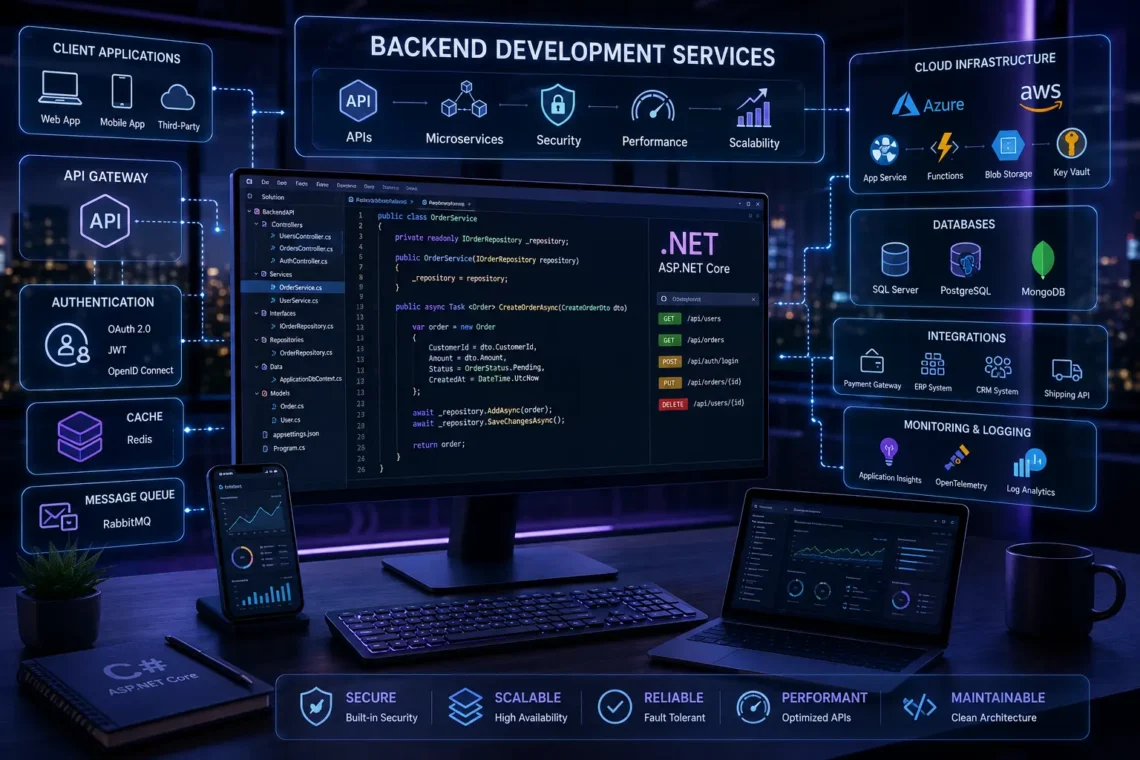 Backend development services featuring ASP.NET Core, APIs, databases, cloud infrastructure, SaaS, security, and scalable backend architecture