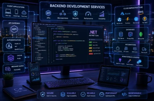 Backend development services featuring ASP.NET Core, APIs, databases, cloud infrastructure, SaaS, security, and scalable backend architecture