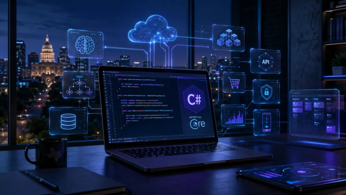 Custom software development in Austin featuring AI, cloud, APIs, SaaS, and modern .NET technologies