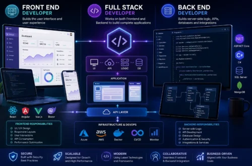 Frontend vs backend vs full stack development showing web UI, ASP.NET Core APIs, databases, cloud infrastructure, and .NET application architecture
