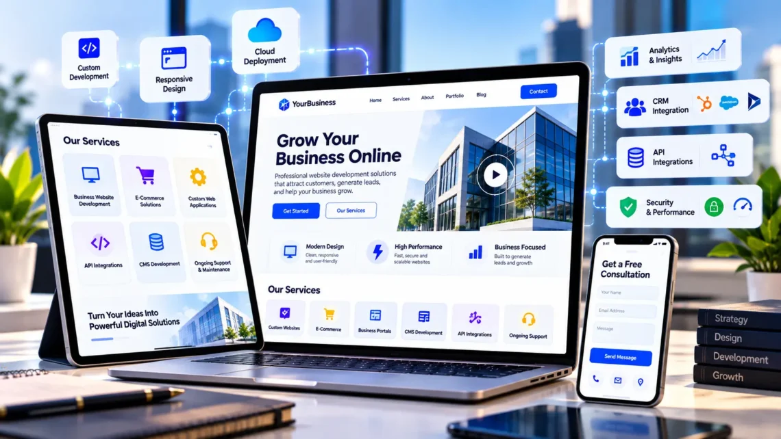 Business website development services showing responsive website design, lead generation, CRM integration, APIs, cloud technology, and security.