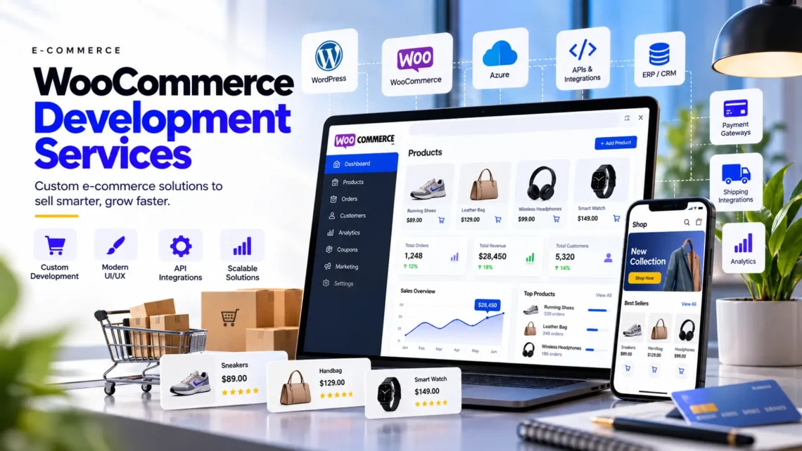 E-commerce development services with WooCommerce store dashboard, API integrations, inventory, orders, payments, and cloud technology.