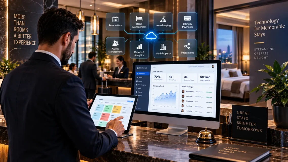 Hotel management software dashboard connecting reservations, rooms, housekeeping, guests, payments and analytics